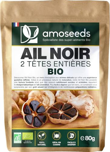 Ail Noir Bio, 2 têtes, Gousses entières | Fermenté, Goût doux umami | Qualité Supérieure | 100% Naturel et Biologique