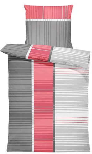 one-home Bettwäsche gestreift grafisch modern grau weiche Microfaser mit Reißverschluss, Größe:2 teilig 135x200 cm, Farbe:rot/grau