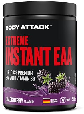Body Attack Extreme Instant EAA Pulver - Blackberry, 500 g - Vegan, Made in Germany - 8 essentielle EAA Aminosäuren für eine proteinreich Ernährung & intensives Training - Ideale 2:1:1 Ratio