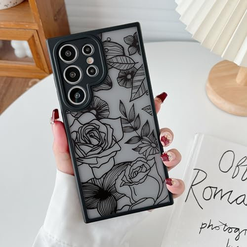 XIZYO Hülle für Samsung Galaxy S24 Ultra, Transparent Matt Rose Floral Blume Muster Stoßfeste Handyhülle, Weiche TPU Stoßstange Schutzhülle, Schwarz