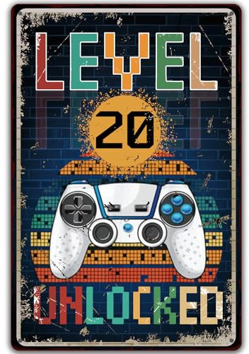 Retro Blechschild 20. Geburtstag Junge, Level 20 UNLOCKED, 20 Jahre Geburtstag Deko, lustiges Geburtstagsschild 20, Gamer Geburtstagskarte 20, Teenager Metallschild Geschenk Gamer Geburtstagsgeschenk