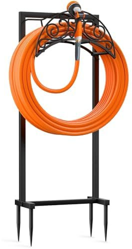 Helhom Gartenschlauchhalter Aufbewahrung Außen - Schlauchhalter Ständer mit 4 Spikes, Heavy Duty Rostbeständiger Metall Wasserschlauchhalter für außen, Schwarz