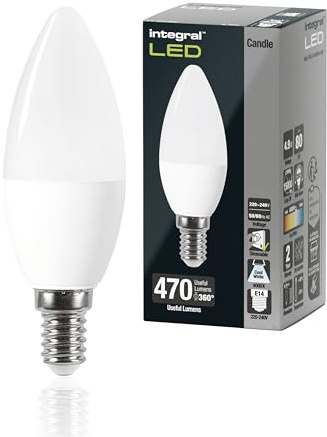 Integral LED E14 Kaltweiß 4000K, 470LM, 4.9W (entspricht 40W) Dimmbare Milchglas-Kerzenlampe - 4 Packung - Energieeffizient. Für Lampen & Kronleuchter im Wohnzimmer, Esszimmer, Schlafzimmer & mehr