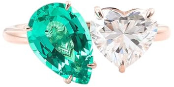 Personalized Engagement Ring, Pear Shaped Engagement Ring 18K Rose Gold Size Q 1/2 Green Created Emerald with White Moissanite for Women New Year