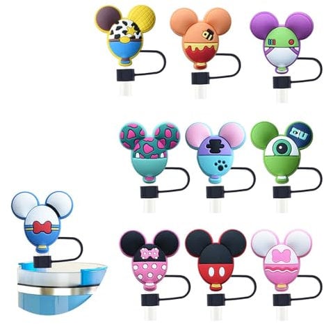 Dinghaole 10Pcs Mouse Cartoon Silicone Straw Toppers for 10 mm Straws, Reusable Drinking Straw Lid, Cup Dust-Proof Plugs