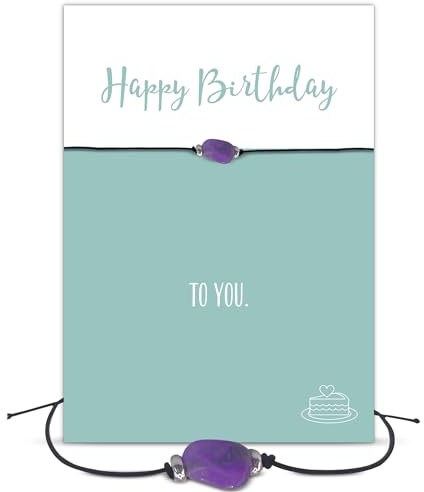 Glücksschmiedin - Happy Birthday Geschenk, Edelsteinarmband Amethyst mit Geburtstagsgrußkarte, handgefertigt – Süßes Geschenk für Frauen