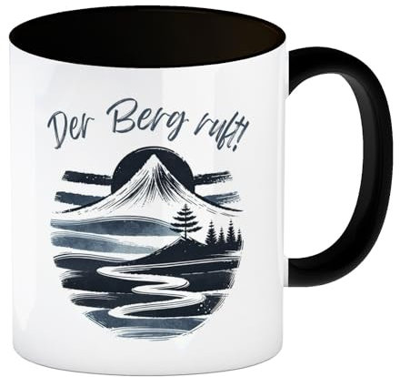 Berg und Wald Wanderer Kaffeebecher in schwarz mit Spruch Der Berg ruft Aquarell-Design Wanderlust Inspirierend Natur Berge Wandern Entspannende Wanderung Tasse