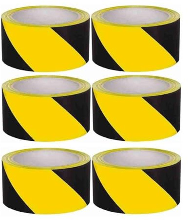 Tezraftaar® 6 x Floor Marking Tape 50mm x 33m HDPE Yellow & Black Hazard Warning Caution Barrier Flooring Steps Parking High Visibility