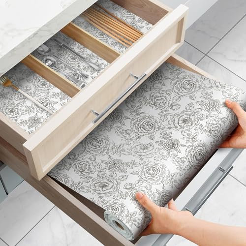 FJNATINH Schubladenmatte 30cm×900cm Antirutschmatte Schubladen Rutschfest Waschbar Antirutschmatte Küche für Schubladenregale Küche,Schränke,Tische,Schubladen - White Peony