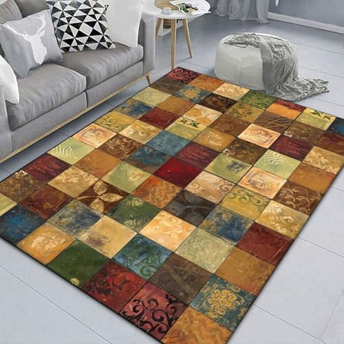 Taidianolp Teppich Wohnzimmer Deko,Multicoloured,200 x 300 cm,Rot, Orange, Blau Grün Kariert Patchwork Vintage,Wohnzimmerteppich Waschbar Kurzflor Teppiche groß Schlafzimmer