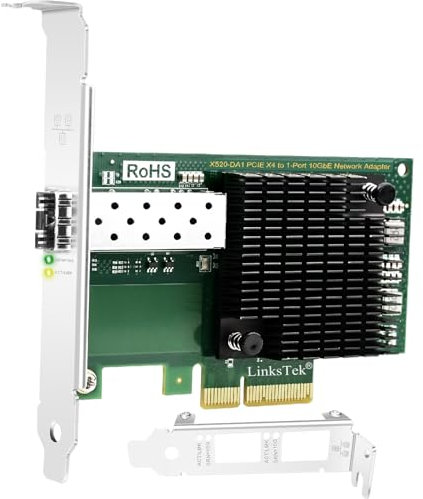 LinksTek X520-DA1 10GbE SFP+ Fiber Ports Ethernet Adapter for Servers, NAS and Desktop PCs. PCIE X4 to 10GbE SFP+ Fiber NIC Card for Gaming, Intel 82599EN 10Gbps Ethernet Controller (X520-DA1)