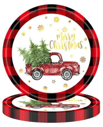 Furimuk Piatti di carta natalizi rustici con motivo camion rosso e nero, con bordo a quadri, rotondi, usa e getta, per cene di Natale, vacanze, feste di compleanno (24 pezzi)