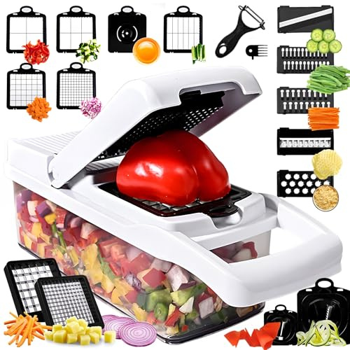 Picador de verduras 25 en 1 con 13 cuchillas – Mandolina cortadora – Picador de alimentos con contenedor – Rallador de queso – Picador de verduras, ensalada y cebolla – Accesorio de cocina – Artículos