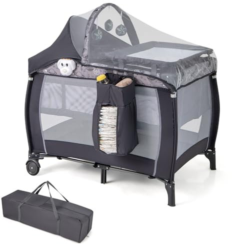 LIFEZEAL Lit Parapluie Bébé Pliable à 2 Niveaux avec Matelas, Lit de Voygae Bebe sur roulettes avec Table à Langer, Moustiquaire, Jouets & Boîte à Musique, Charge 15 kg, 0-36 Mois