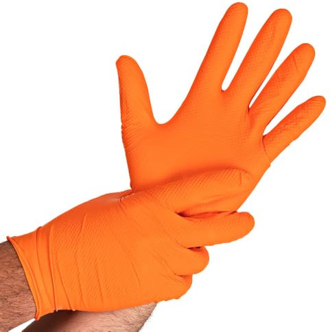 500 Stück Hygostar Nitrilhandschuhe Power Grip | puderfrei, orange, 11/XXL, L: 24cm, Karton, Einweghandschuhe, Mechaniker, Latexfrei, Fischschuppen-Struktur