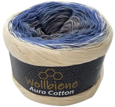 Wollbiene Farbverlaufsgarn 200g - 800m - 4 Fädig Bobbel Strickwolle Häkeln Bobbel Wolle Farbverlauf, 100% Baumwolle, Strickwolle Mehrfarbig (809 vanille blau grau)