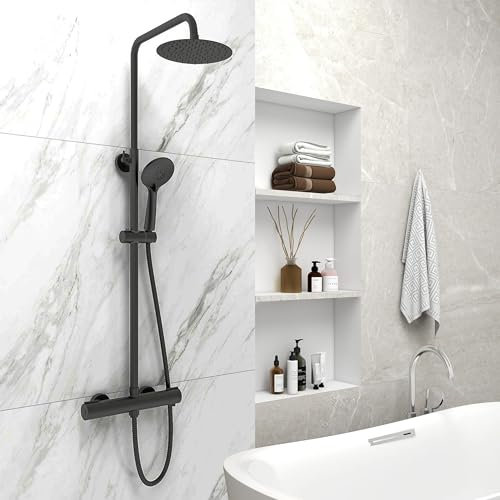 Columna de ducha termostática negra, sistema de baño juego de ducha altura ajustable, antiescaldado, ducha de mano de 3 modos (Redondo Negro)