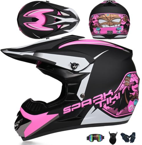 PAESCOY Motorradhelm Cross Damen Herren Full Face MTB Helm Motocross Helm DOT/ECE-Zertifizierter Mit Schutzbrillen Maske Handschuhe Downhill Helm Mopedhelm Schutzhelm Für Cruiser Chopper,Pink/C-L