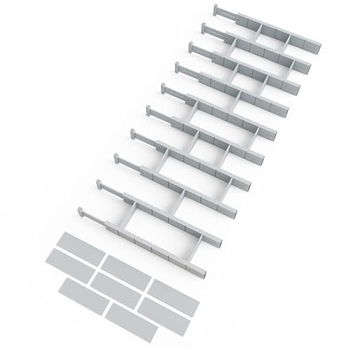 SpaceAid Bambus-Schubladeneinteiler mit Einsätzen und Etiketten, verstellbar, erweiterbares Ordnungssystem für Küche, Zuhause, Büro und Kommoden, 10 Trennwände mit 24 Einsätzen, 43 – 56 cm, grau