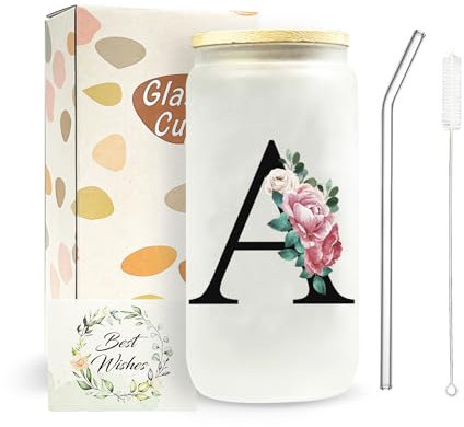 JEKUGOT A-Z Initial Personalised Birthday Gifts for Women, 16oz Iced Coffee Glass Cups with Lids and Straws, Glass Coffee Cup Gift Set for Mothers, Friends, Women, Men, Iced Coffees Cup Gift (A)