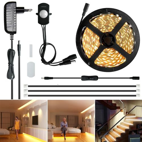 Sensky LED Strip Mit PIR Bewegungsmelder, 6m Dimmbar Lichtband 12V Warmweiss Selbstklebend 3000K Treppenbeleuchtung Für Nachttisch Treppe Schrank Flur Schlafzimmer kleiderschrank