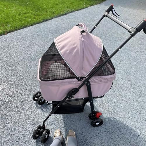 Poussette buggy pliable chien chat panier rangement porte-gobelets tissu 300D Oxford imperméable 4 roues, avec panier de rangement et porte-gobelet,50 * 65 * 99cm- Rose