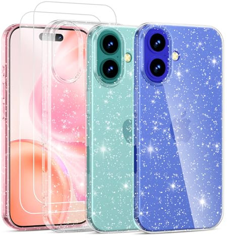 Noyabox Clear Glitter Case for iPhone 16 with 2 Screen Protectors, Shockproof Slim Transparent Sparkle Bumper Case for Women and Girls, Crystal Clear