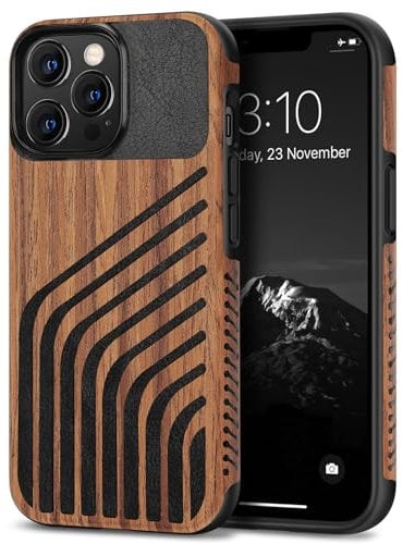 TENDLIN Compatible with iPhone 13 Pro Case Wood Grain with Carbon Fiber Texture Design Leather Hybrid Slim Case (Hairline)
