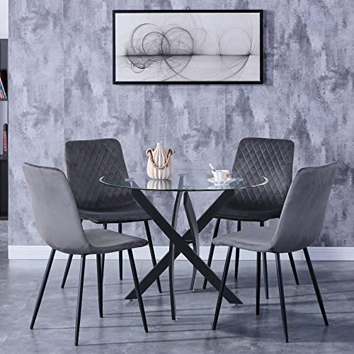 GOLDFAN Table Ronde avec Chaise, Table à Manger Ronde en Verre, 80 cm, avec 4 Chaises en Velours Matelassé, Gris et Noir