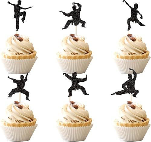 24 Stück Kampfsport Künste Tortendeko Glitzer Schwarz Karate Taekwondo Kuchen Deko Kung Fu Thema Cupcake Toppers für Baby Dusche Geburtstag Party Kuchen Dekorationen