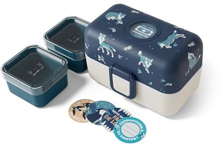 Monbento - Caja de almuerzo infantil con 3 compartimentos para niños, ideal para comer y probar escuela/pícnic, compatible con microondas, sin BPA, personalizable, lobo