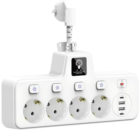 Adattatore con luce notturna touch con 4 scomparti, 2 porte di tipo C + 2 porte USB, interruttore singolo, protezione da sovratensione, nero per casa, ufficio (bianco)