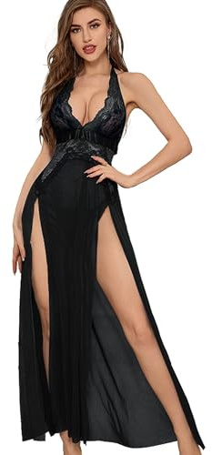 QeeFop Damen Dessous V-Ausschnitt Spitze Strapsen Kleid Bodysuit Longe Nachtwäsche Seitlich Geschlitztes Negligee Unterwäsche Langer Rock mit Tanga
