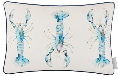 Voyage Maison Lobster Feather Filled Cushion – Coastal Watercolour Trio Printed Cotton Linen Piped Trim Decor (Cobalt - 40x60cm)