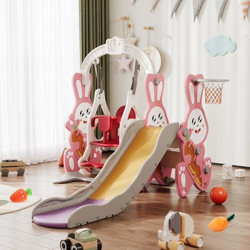 Scivolo per Bambini 4 in 1 con cestino da basket, arrampicata, altalena, scivolo al coperto per bambini, scivolo per bambini con altalena, area giochi al coperto e all'aperto