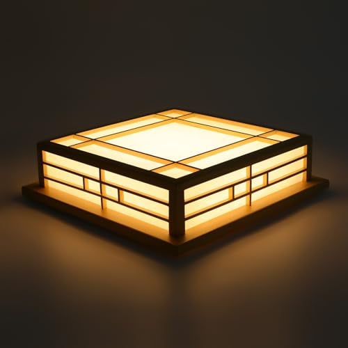 JJsdwin Japanische Holz LED Deckenlampe, Quadrat Kronleuchter 3 Farbe mit Warmes Licht, Deckenlampe für Schlafzimmer und Balkon, 45x45cm