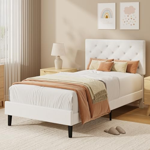 HOMBCK Single Bed Frame with Headboard, 90 x 190, White | Upholstered Bed Frame, Adjustable Headboard, Heavy Duty, Easy Assembly, No Box Spring Needed
