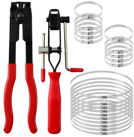 Professional CV Boot Clamp Pliers Kit with 20PCS 304 Stainless Steel Clamps - Heavy Duty Axle Removal Tool, Hose Banding Pliers & Dust Cover Clip Remover for Car Repair (Red)​
