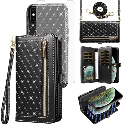 Phone Case for iPhone Xs Max Zipper Wallet Detachable Magnetic Cell Cover Screen Protector Crossbody Lanyard Strap Bling Glitter Flip Credit i X XR Xsmax 10x SX Xmax 10xs 10s 10 Plus Xmaxs Girls Black