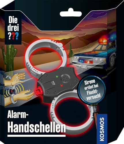 Kosmos Die DREI ??? Alarm-Handschellen 632625, Kinder Handschellen zum Spielen ab 8 Jahren in 3 Größenstufen, Detektiv Gadget für DREI Fragezeichen Fans, Spielzeug, Silver