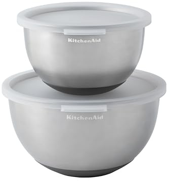 KitchenAid - Set di 2 ciotole con coperchio, in acciaio inox, impilabili, base antiscivolo, ideali per impasti, preparazione e conservazione di alimenti, resistenti e facili da pulire, 17,5 e 22 cm