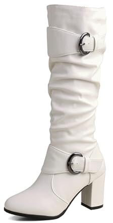 TNMIUH Stivali da Donna al Ginocchio con Tacco Largo, Pelle Nera e Bianca, Fibbia Decorativa, Zip Laterale,Stivali Invernali Casual,Bianca,35.5 EU