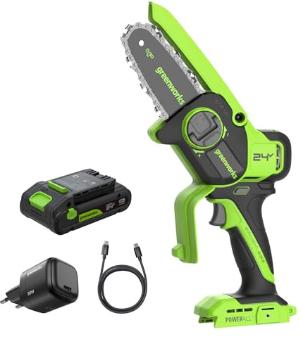 Greenworks 24V Mini Akku Kettensäge 10cm, Akku Säge mit Bürstenloser Motor und Automatischem Ölsystem, Schnittgeschwindigkeit 7,8 m/s, Elektrokettensäge mit 2 Ah Akku und 30 W USB-C Ladegerät