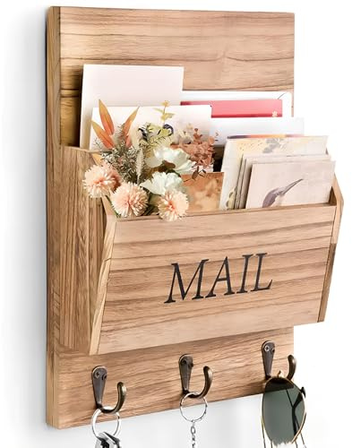 Postablage Wand Holz, Organizer Post für die Wand mit 3 Haken Briefständer Holz Zeitschriftenständer Wandmontage, Bauernhaus Dekor für Büro, Post, Zeitschriften, Briefpapier, Ordner, Organisation