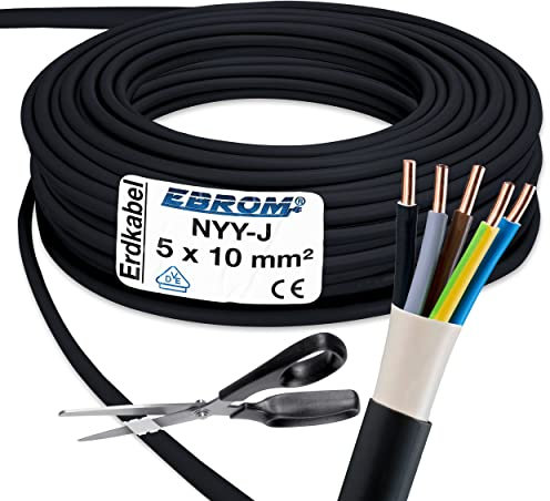 EBROM Erdkabel NYY-J 5x10 mm² - Starkstromkabel - PVC Erdleitung - schwarz - Auswahl in 5 Meter Schritten, viele Längen - NYY-J 5x10 mm2 - Ihre Länge: 25 Meter