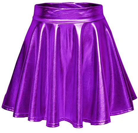Damen Glänzend Höhe Taille Liquid Mini Rock Metallisch Elastische Taille A-Linien Pull On Skater Röcke (L, Violett)