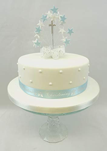 Cake Decoration Star Burst Blue - Christening, Diamante Cross Cake Topper