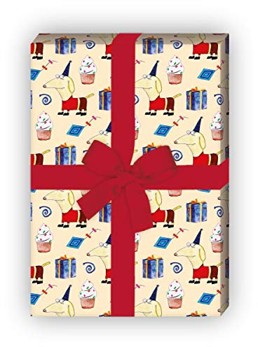 Lustiges Geburtstag Geschenkpapier mit Party Dackel, beige, für schöne Geschenk Verpackung zum Einpacken 32 x 48cm, 4 Bögen für Geburtstage, Hochzeit, Weihnachtsgeschenke, Dekorpapier