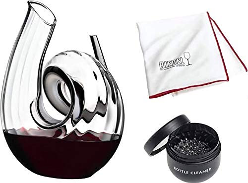 Riedel Dekanter Set Curly Fatto A Mano mit Glasreiniger und Glastuch (2011/00 + 0010/05 + 5010/07) Vorteilsset + Gratis 4er Set EKM Living Edelstahl Trinkhalme