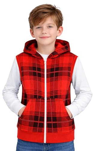A2Z 4 Kids Hooded Gilet Jacket Fabric No Sleeve Zipper - Gilet Tartan Red 11-12